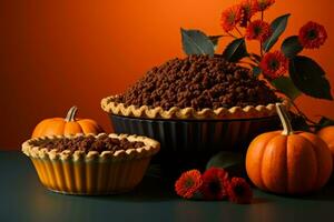 Kürbisse Kuchen und Blumen sitzen auf ein Tabelle generativ ai foto