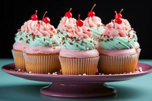 sechs Cupcakes mit Rosa Glasur und Kirschen auf ein Rosa Teller generativ ai foto