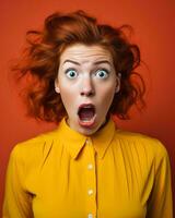 überrascht Rothaarige Frau mit öffnen Mund auf ein Orange Hintergrund generativ ai foto