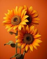 drei Sonnenblumen gegen ein Orange Hintergrund generativ ai foto