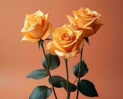 drei Gelb Rosen sind im ein Vase auf ein Orange Hintergrund generativ ai foto