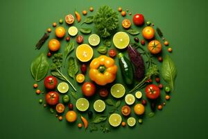 Gemüse und Früchte vereinbart worden im ein Kreis auf Grün Hintergrund generativ ai foto