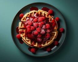 Waffeln mit Himbeere Soße und Sirup auf ein Blau Teller generativ ai foto