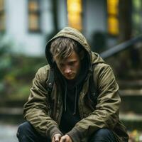 ein jung Mann Sitzung auf das Schritte von ein Gebäude im das Regen generativ ai foto