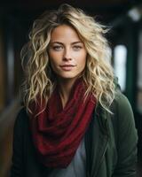 ein schön blond Frau mit ein rot Schal generativ ai foto