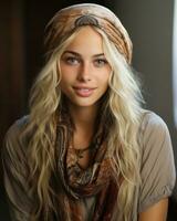 ein schön blond Frau mit lange Haar tragen ein Schal generativ ai foto