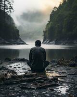 ein Mann Sitzung auf das Kante von ein Fluss im das Mitte von ein nebelig Wald generativ ai foto