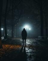 ein Mann Stehen allein im ein dunkel Park beim Nacht generativ ai foto