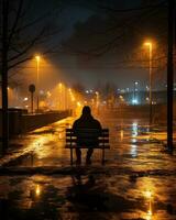 ein Person Sitzung auf ein Bank beim Nacht generativ ai foto