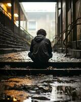 ein Person Sitzung auf das Schritte von ein Gebäude im das Regen generativ ai foto