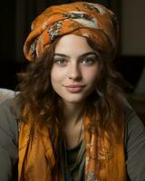 ein Frau tragen ein Orange Schal generativ ai foto