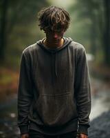 ein jung Mann im ein Kapuzenpullover Stehen auf ein nass Straße generativ ai foto