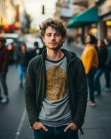 ein jung Mann Stehen im das Mitte von ein Stadt Straße generativ ai foto