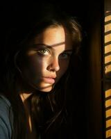 Porträt von ein schön jung Frau im das Licht von das Fenster generativ ai foto