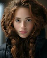 Porträt von ein schön jung Frau mit lange rot Haar generativ ai foto