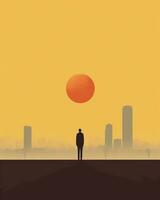 Dort ist ein Mann Stehen auf ein Hügel suchen beim das Sonne. generativ ai. foto