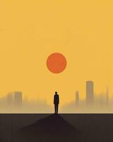 Dort ist ein Mann Stehen auf ein Hügel suchen beim das Sonne. generativ ai. foto