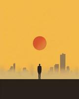 Dort ist ein Mann Stehen auf ein Dach suchen beim das Sonne. generativ ai. foto
