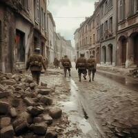 Soldaten Gehen Nieder ein Straße im ein Stadt mit Schutt. generativ ai. foto