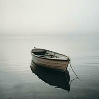 Dort ist ein klein Boot schwebend auf das Wasser im das Nebel. generativ ai. foto