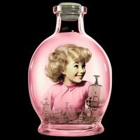 Dort ist ein Rosa Glas Flasche mit ein Bild von ein Frau innen. generativ ai. foto