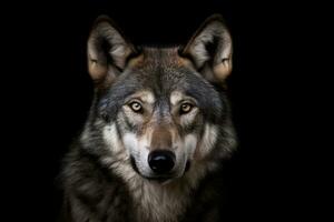 Erwachsene Wolf auf schwarz Hintergrund. generativ ai. foto