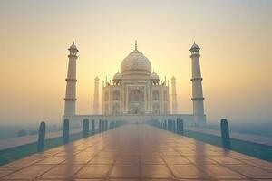 taj Mahal, indisch. Morgen Nebel. Sonnenaufgang. generativ ai. foto