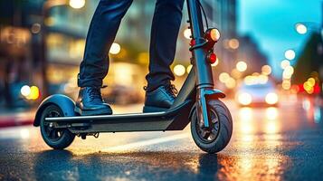 schließen oben von weiblich Füße auf ein elektrisch Roller, mit ein Rad im das Vordergrund. generativ ai foto