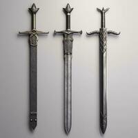 drei anders Typen von Schwerter sind angezeigt auf ein Mauer. generativ ai. foto