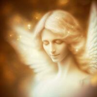 Dort ist ein Weiß Engel mit ein Heiligenschein auf ihr Kopf. generativ ai. foto
