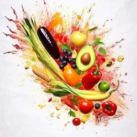 Dort ist ein Menge von Obst und Gemüse auf ein Weiß Oberfläche. generativ ai. foto