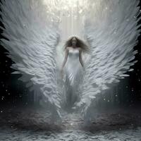 arafiert Engel im ein Weiß Kleid mit Flügel fliegend im das Luft. generativ ai. foto