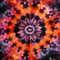 ein schließen oben von ein Krawatte Farbstoff Muster mit ein lila und Orange Blume. generativ ai. foto