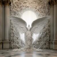Dort ist ein Statue von ein Engel im ein Gebäude mit Säulen. generativ ai. foto