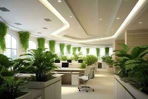 modern Büro , Innere mit Pflanze. 3D, generativ ai. foto