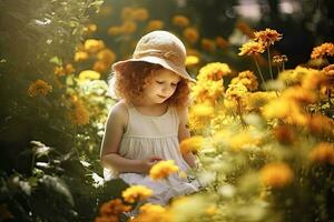 schön Mädchen genießen im Garten Blumen beim das Sommer- Sonne ,generativ ai foto
