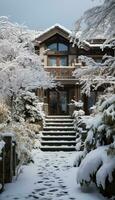 schneebedeckt Pfad führen zu ein Haus mit Schritte führen oben zu Es. generativ ai. foto