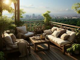Dort ist ein Couch und Stühle auf ein Deck mit ein Aussicht von das Stadt. generativ ai. foto