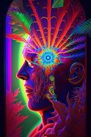 ein schließen oben von ein Person mit ein psychedelisch Gemälde auf ihr Gesicht. generativ ai. foto