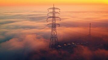 hoch Stromspannung Getriebe Turm nebelig Morgen Sonnenaufgang. generativ ai foto