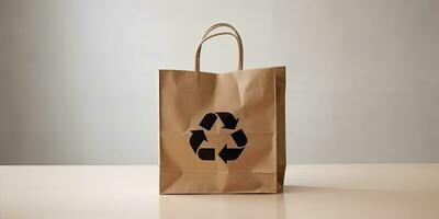 Papier Tasche mit Recycling Symbol auf Weiß Hintergrund mit Kopieren Raum ,generativ ai foto