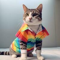 ein Katze tragen Regenbogen Flagge Farben und flattern ein Regenbogen Kap ,generativ ai. foto