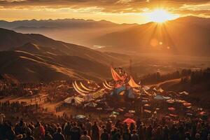 edm Party auf Festival oben Berg , Sonnenuntergang , generativ ai. foto