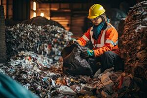 ein Arbeiter im Sicherheit Ausrüstung Sortierung durch ein Stapel von recycelbar Materialien zum Umwelt Nachhaltigkeit ,generativ ai foto