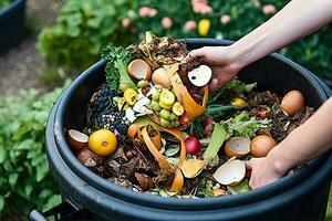schließt oben Hand Kompostierung Essen Abfall im Hinterhof Kompost Behälter Garten, generativ ai foto