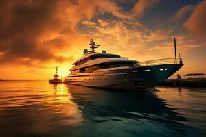 Luxus Yacht , oben Aussicht , Sonnenuntergang ,generativ ai foto