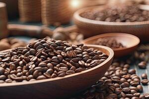 Tasse Kaffee Bohnen hölzern ,generativ ai foto