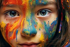 schließen oben Gesicht wenig Mädchen spielen mit Farben , generativ ai. foto
