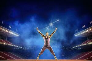 Gymnastik jung Mann im Aktion auf das Innen- Stadion ,generativ ai. foto
