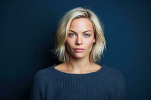 blond haarig Frau im 30er Jahre, Blau Pullover, im Studio, generativ ai foto